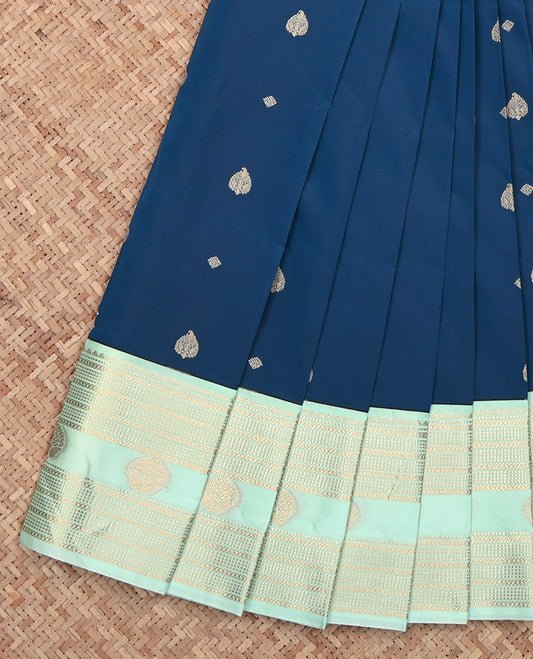 Blue Budget Silk Saree, Subtly Woven with Zari Buttas, Contrast Traditional Zari Design Featured Border, Pallu of Geometric Design, and a Contrast Blouse