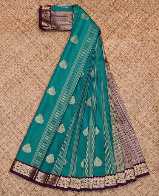 Green Budget Silk Saree, Steeped with Zari Buttas, Complemented by Contrast Traditional Border, Geometric Pallu and a Contrast Blouse
