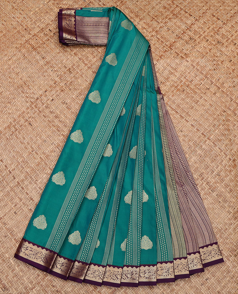 Green Budget Silk Saree, Steeped with Zari Buttas, Complemented by Contrast Traditional Border, Geometric Pallu and a Contrast Blouse