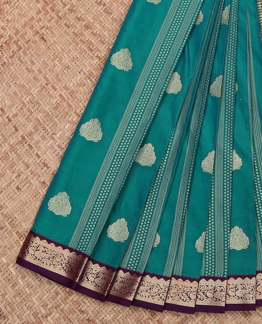 Green Budget Silk Saree, Steeped with Zari Buttas, Complemented by Contrast Traditional Border, Geometric Pallu and a Contrast Blouse