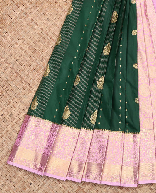 Green Budget Silk Saree, Decked Up with Zari Buttas, Contrast Traditional Zari Border, Grand Pallu, and a Contrast Blouse