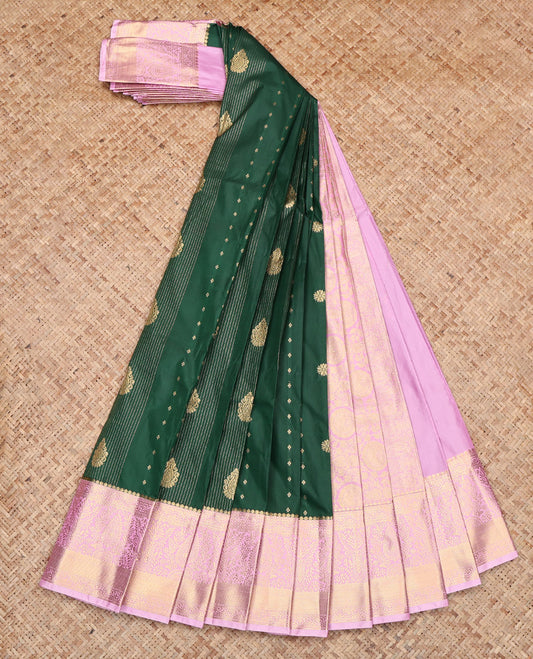 Green Budget Silk Saree, Decked Up with Zari Buttas, Contrast Traditional Zari Border, Grand Pallu, and a Contrast Blouse