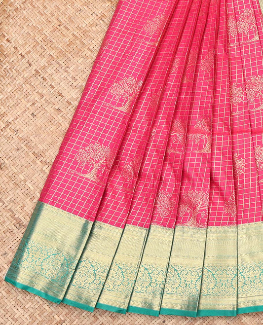 Pink Budget Silk Saree, Beautifully Bedecked with Zari Buttas and Checks, Complemented by Contrast Traditional Zari Border, Intricate Pallu, and Contrast Blouse