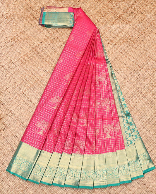Pink Budget Silk Saree, Beautifully Bedecked with Zari Buttas and Checks, Complemented by Contrast Traditional Zari Border, Intricate Pallu, and Contrast Blouse