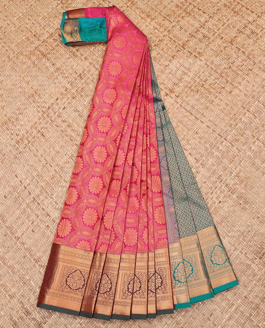 Pink Budget Silk Saree, Accentuated with Jacquard Design, Complemented by a Contrast Traditional Zari Design Border, Grand Jaal Pallu, and a Contrast Blouse