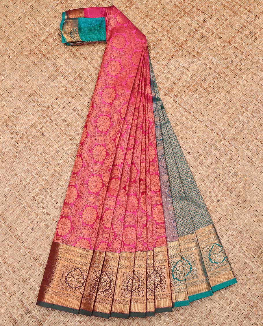 Pink Budget Silk Saree, Accentuated with Jacquard Design, Complemented by a Contrast Traditional Zari Design Border, Grand Jaal Pallu, and a Contrast Blouse