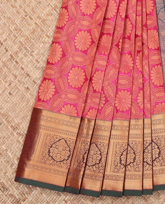 Pink Budget Silk Saree, Accentuated with Jacquard Design, Complemented by a Contrast Traditional Zari Design Border, Grand Jaal Pallu, and a Contrast Blouse
