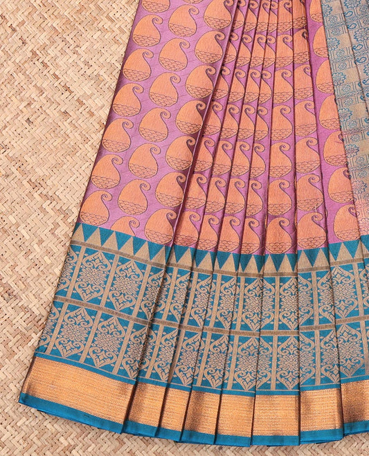 Pink Budget Silk Saree Featuring Paisley Design, Complemented by a Contrast Traditional Zari Border, Grand Pallu, and a Contrast Blouse