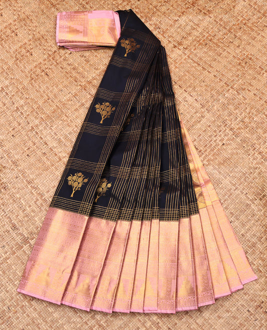 Black Budget Silk Saree, Bedecked with Zari Butta Enclosed Checks, Complemented by a Contrast Traditional Zari Border, Intricate Pallu, and Contrast Blouse