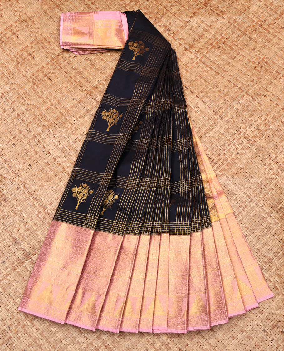 Black Budget Silk Saree, Bedecked with Zari Butta Enclosed Checks, Complemented by a Contrast Traditional Zari Border, Intricate Pallu, and Contrast Blouse