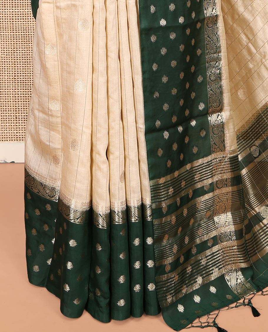 Sandal Assam Silk Saree, Subtly Sparkled with Zari Butta Enclosed Checks, Complemented by a Contrast Zari Butta Woven Border, Zari-Striped Pallu, and a Contrast Blouse