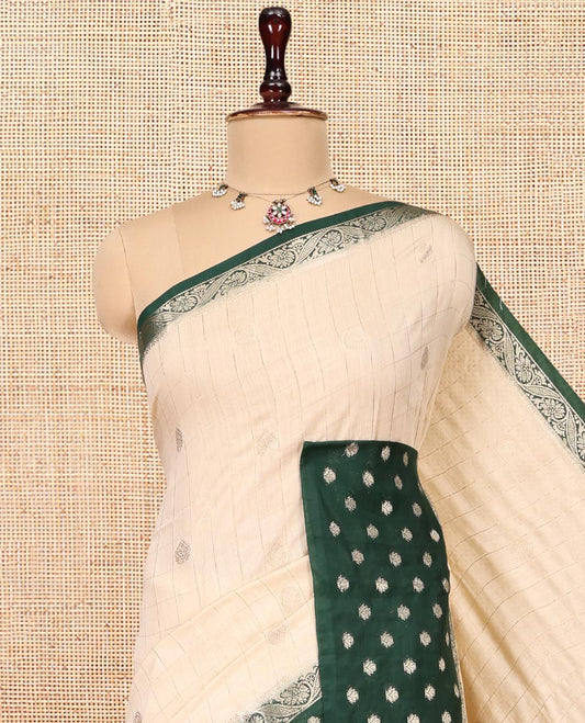 Sandal Assam Silk Saree, Subtly Sparkled with Zari Butta Enclosed Checks, Complemented by a Contrast Zari Butta Woven Border, Zari-Striped Pallu, and a Contrast Blouse