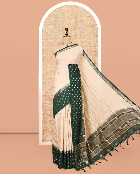 Sandal Assam Silk Saree, Subtly Sparkled with Zari Butta Enclosed Checks, Complemented by a Contrast Zari Butta Woven Border, Zari-Striped Pallu, and a Contrast Blouse