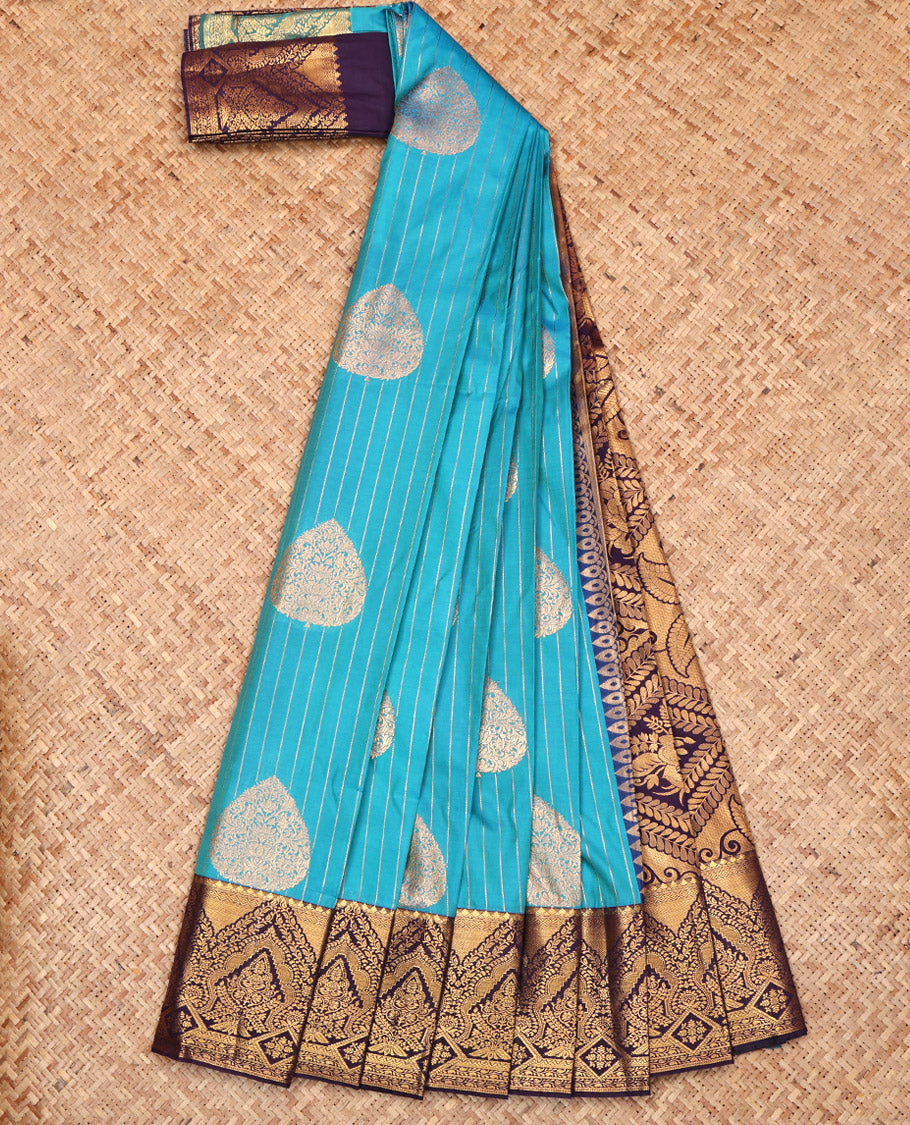 Blue Budget Silk Saree, Elevated with Zari Buttas, Complemented by a Contrast Traditional Border, Grand Pallu, and a Contrast Blouse