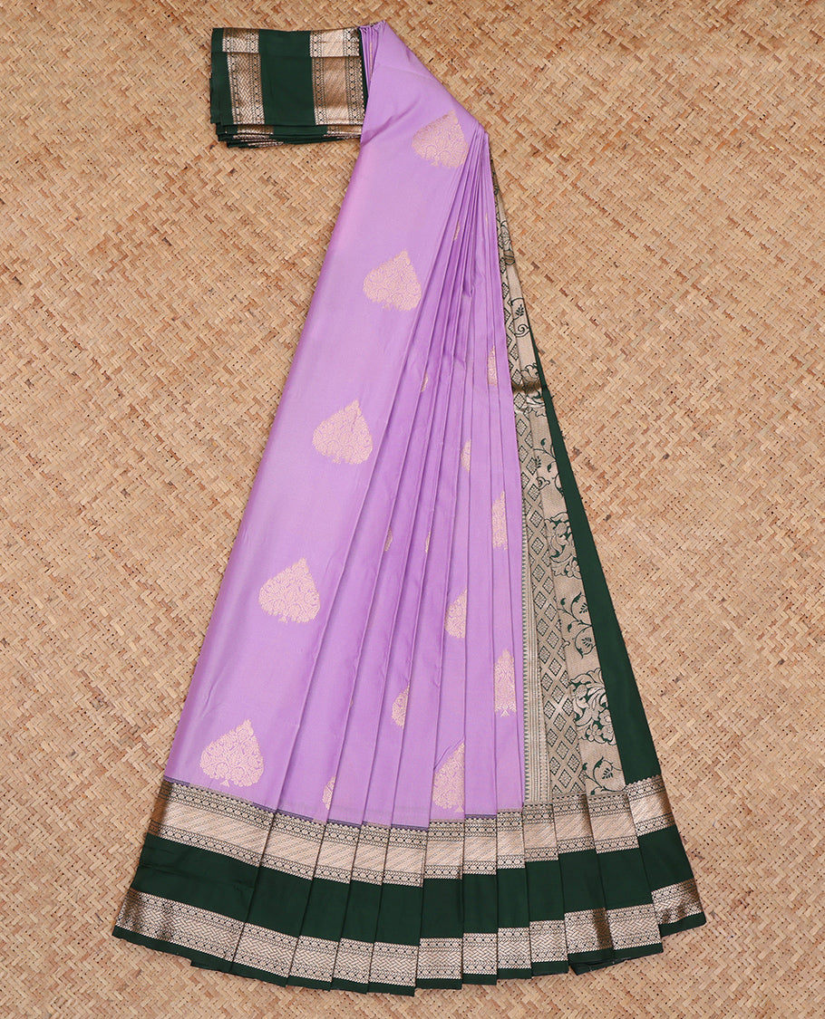 Lavender Budget Silk Saree, Sparsely Threaded with Zari Buttas, Complemented by a Contrast Traditional Zari Rettai Pettu Border, Grand Pallu, and a Contrast Blouse