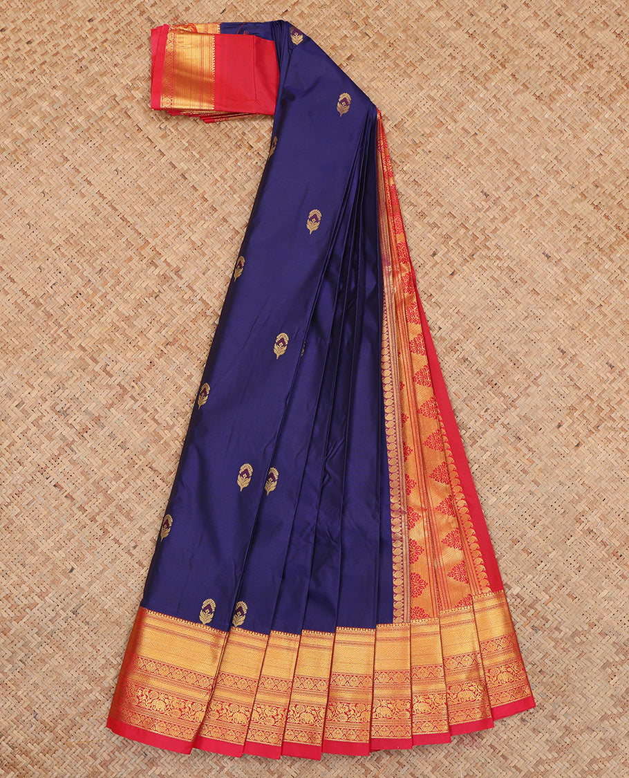 Navy Budget Silk Saree, Elevated with Zari Buttas, Complemented by Contrast Traditional Zari Border, a Grand Pallu and a Contrast Blouse