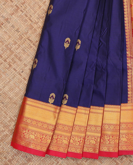 Navy Budget Silk Saree, Elevated with Zari Buttas, Complemented by Contrast Traditional Zari Border, a Grand Pallu and a Contrast Blouse