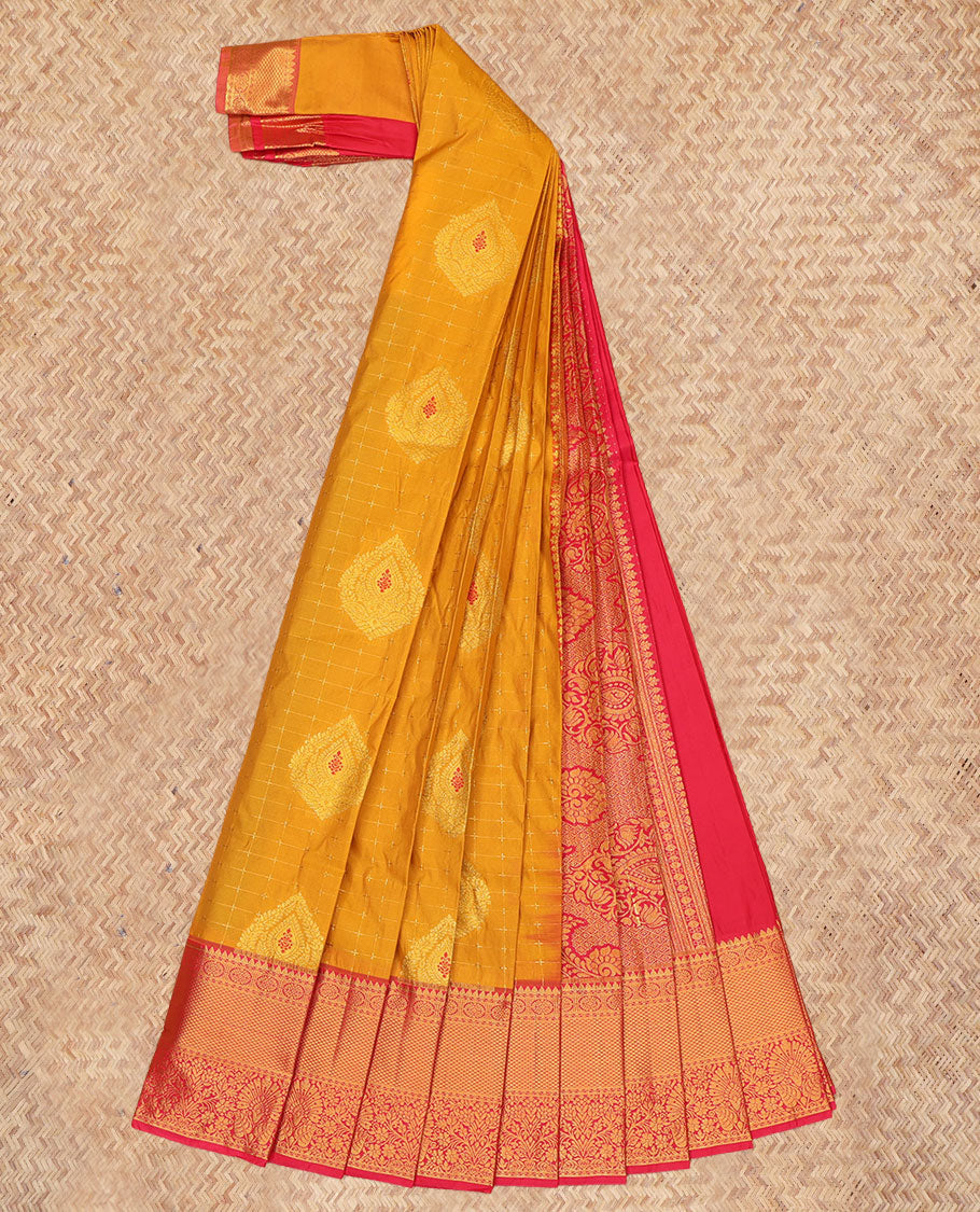 Yellow Budget Silk Saree, Woven with Zari Buttas and Checks, a Contrast Traditional Zari Border, Grand Pallu, and a Contrast Blouse