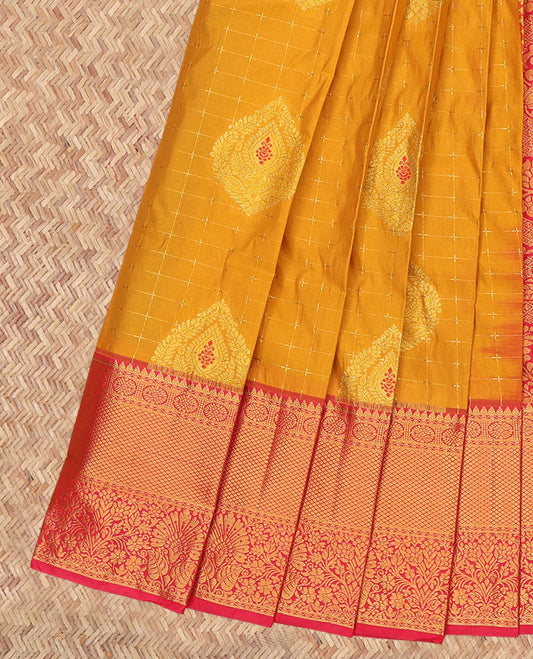 Yellow Budget Silk Saree, Woven with Zari Buttas and Checks, a Contrast Traditional Zari Border, Grand Pallu, and a Contrast Blouse