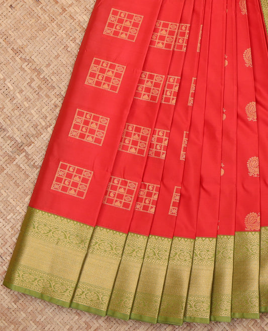 Red Budget Silk Saree, Enriched with Zari Buttas, a Contrast Traditional Zari Border, Intricate Pallu, and a Contrast Blouse