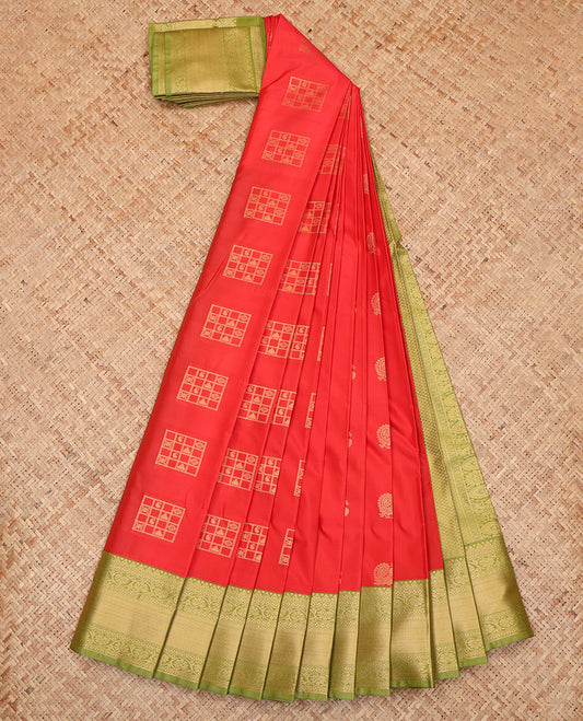 Red Budget Silk Saree, Enriched with Zari Buttas, a Contrast Traditional Zari Border, Intricate Pallu, and a Contrast Blouse