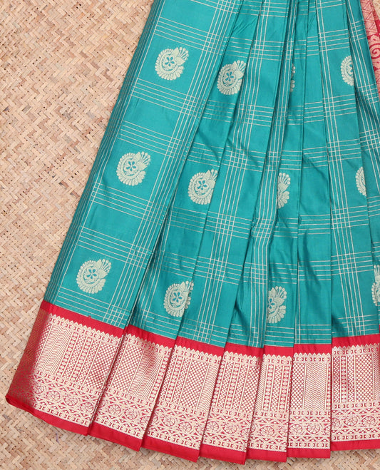 Blue Zari Butta and Checks Budget Silk Saree