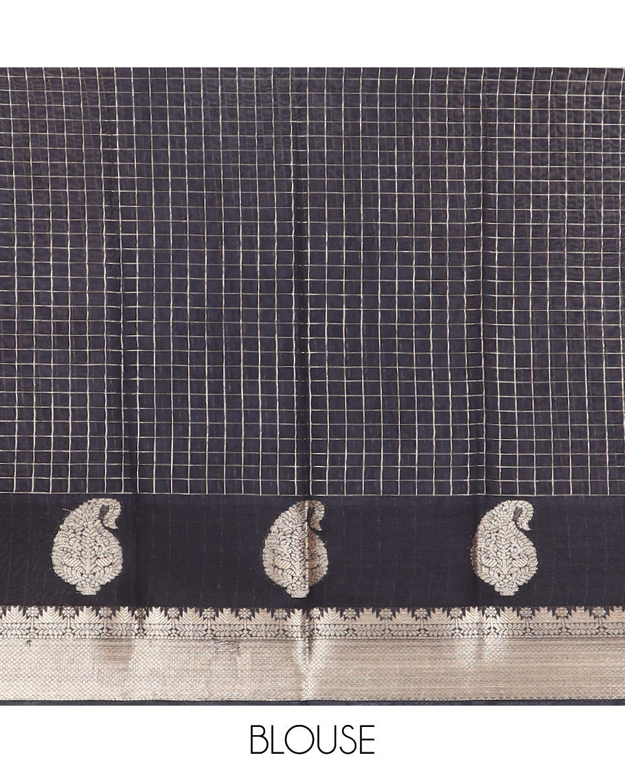 Green zari checked Assam silk saree, contrast traditional zari border of paisleys, and pallu of zari stripes