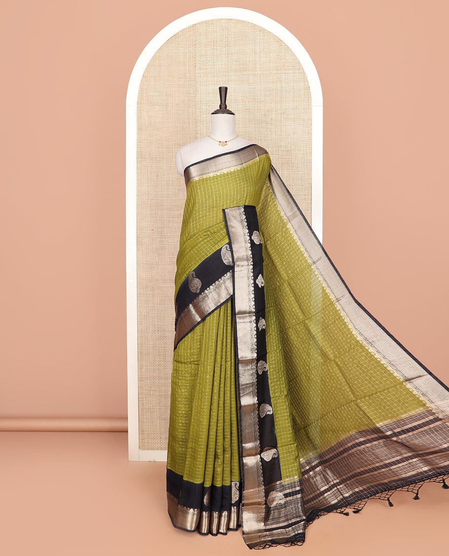 Green zari checked Assam silk saree, contrast traditional zari border of paisleys, and pallu of zari stripes