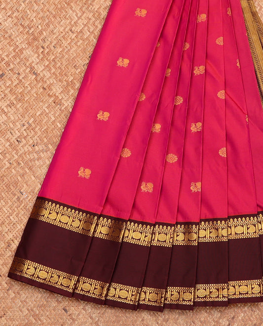 Pink Budget Silk Saree, Mesmerized with Peacock-Chakram Buttas, Complemented by a Contrast Traditional Zari Rettai Pettu Border, Grand Pallu, and Contrast Blouse