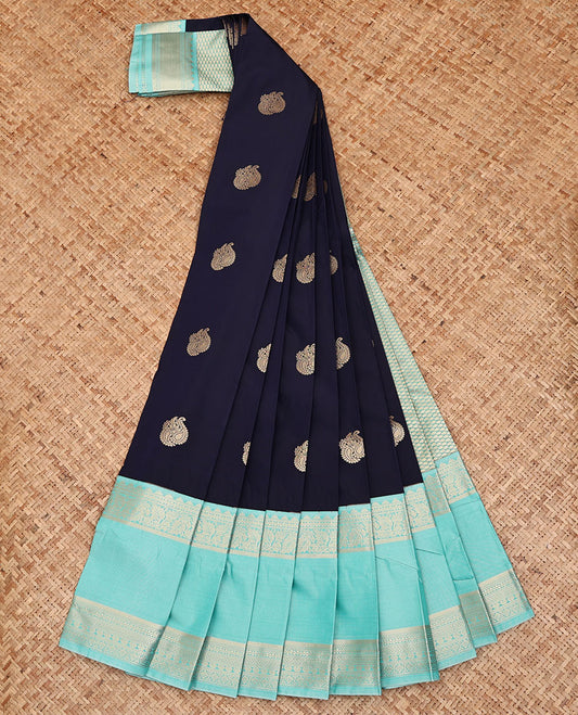 Navy Blue Budget Silk Saree, Gleamed Up with Zari Buttas All Over Its Body, Complemented by a Contrast Traditional Zari Design Rettai Pettu Border, Grand Jaal Pallu, and Paired with a Contrast Blouse