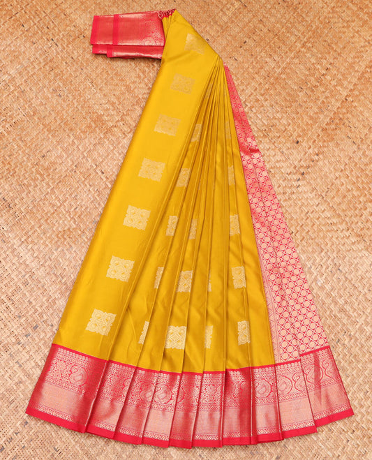 Yellow Budget Silk Saree, Enriched with Zari Buttas on Its Body, Complemented by a Contrast Traditional Zari Border of Paisleys, Grand Jaal Design Pallu, and Paired with a Contrast Blouse