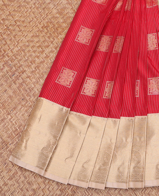 Red Budget Silk Saree, Accentuated with Zari Buttas and Stripes, Contrast Traditional Zari Border, Grand Jaal Pallu, and a Contrast Blouse