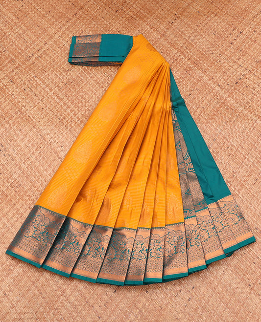 Orange Budget Silk Saree, Subtly Sparkled with Zari Buttas and Checks, Complemented by a Contrast Traditional Zari Border, Grand Pallu, and a Contrast Blouse