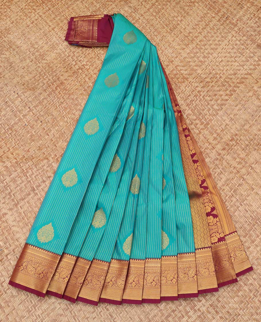Blue Budget Silk Saree, Elevated with Stripes and Buttas, Complemented by Contrast Traditional Zari Border, a Grand Pallu and a Contrast Blouse