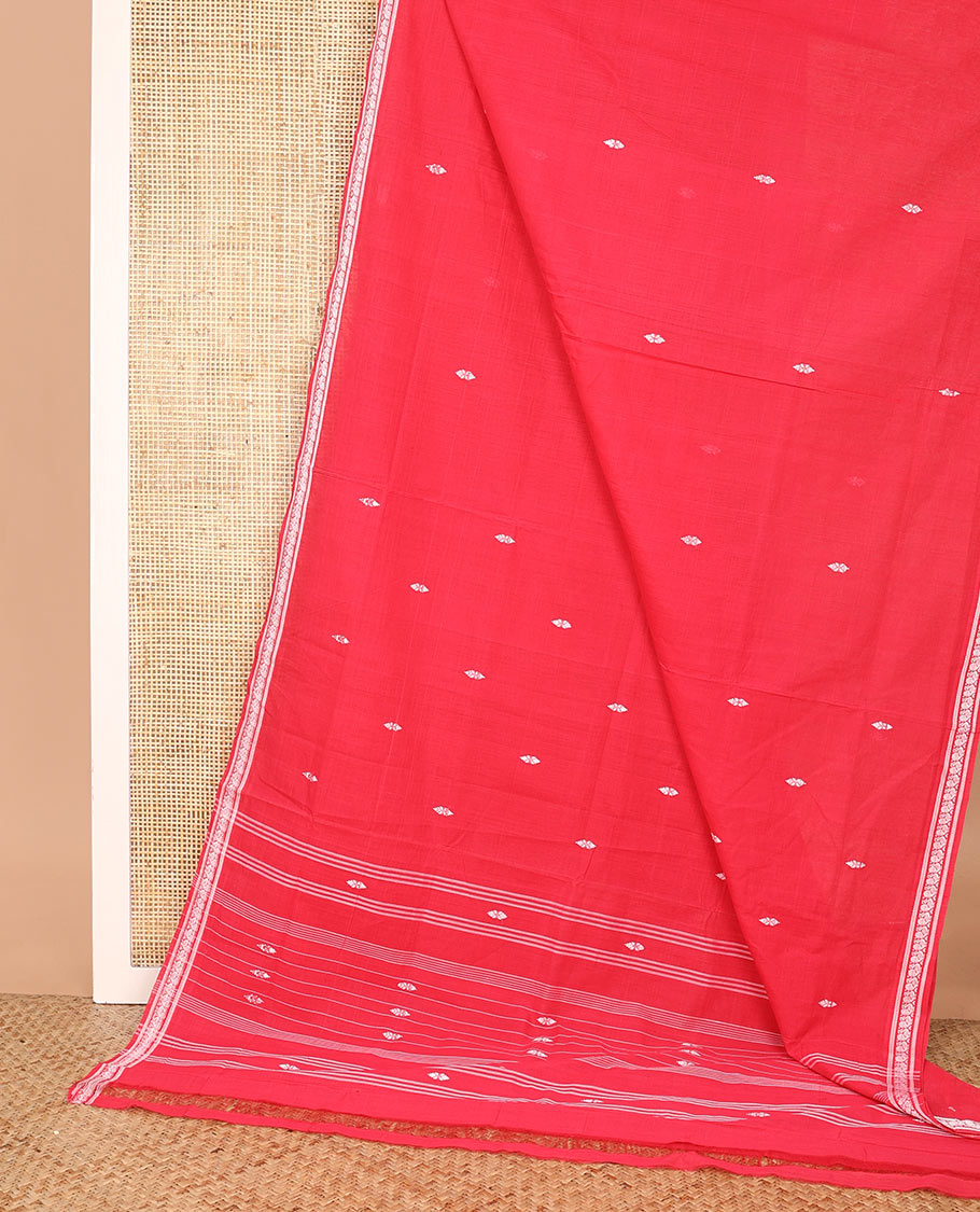 Red buttas Andhra cotton saree, peacock thread border, and self-pallu of stripes and buttas