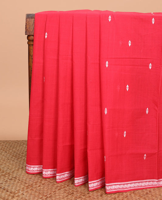 Red buttas Andhra cotton saree, peacock thread border, and self-pallu of stripes and buttas