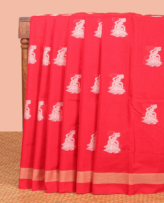 Red Narayanapet Cotton Saree Accentuated with Girl with a Pot Motifs, Subtle Self-Border, Pallu Mirrors the Same Body Motifs, and Paired with a Matching Blouse
