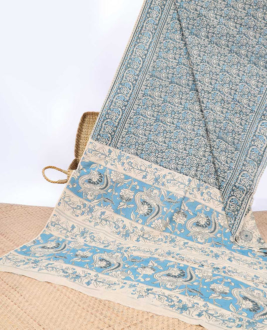 Blue intricately machine-printed kalamkari cotton saree, self-border & contrast pallu of floral print