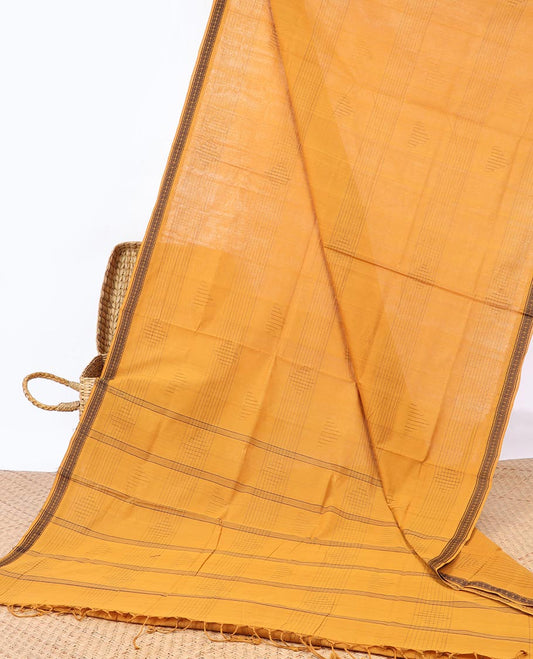 Yellow geometric patterned Andhra cotton saree, unique design border & striped pallu 