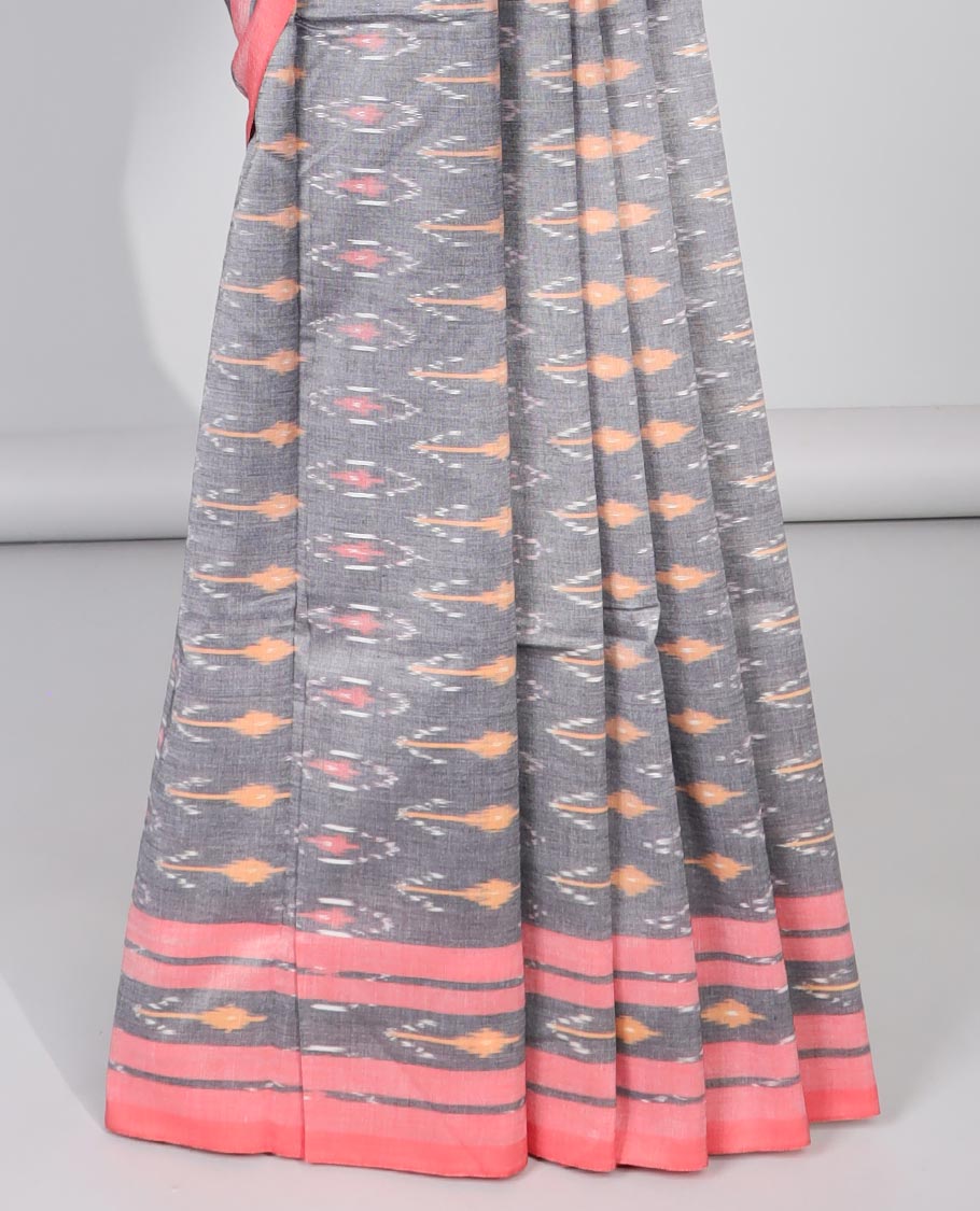 Grey floral design ikkat cotton saree with contrast floral border & geometric design pallu