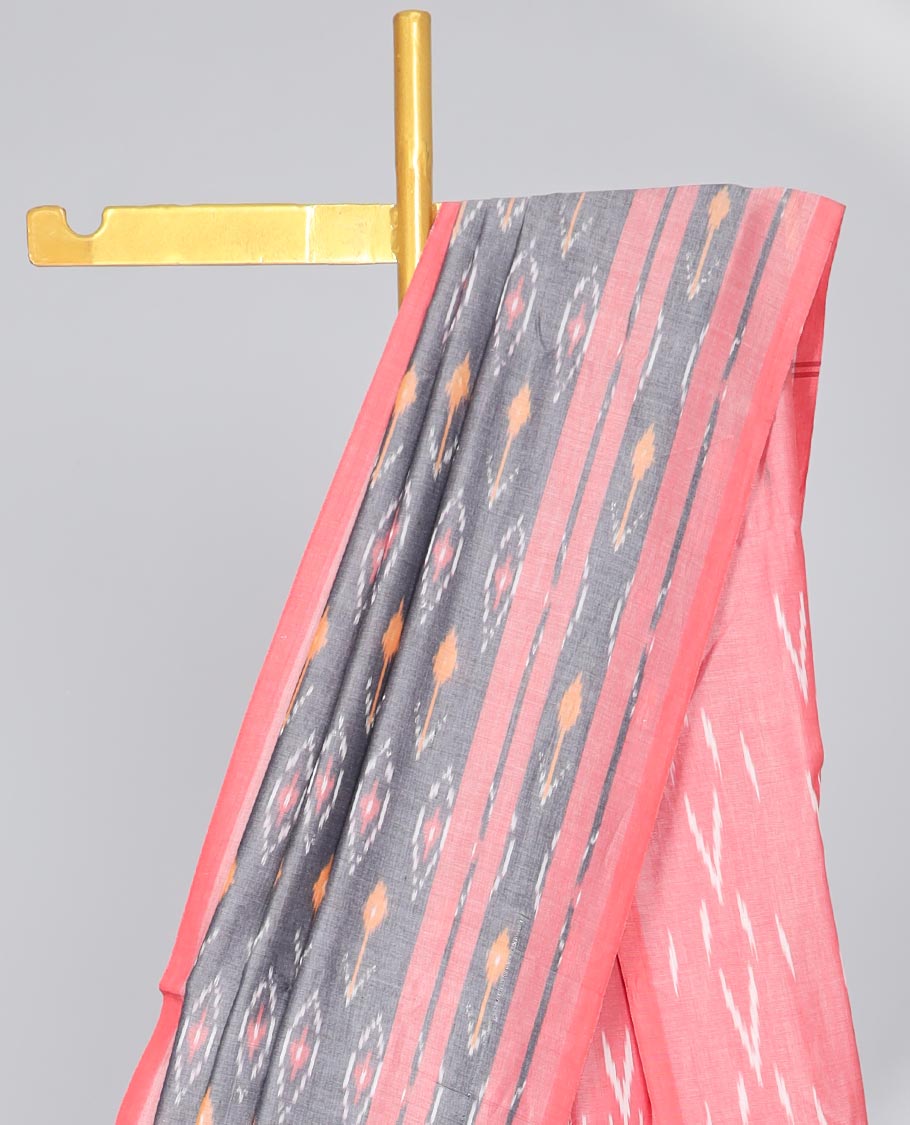 Grey floral design ikkat cotton saree with contrast floral border & geometric design pallu