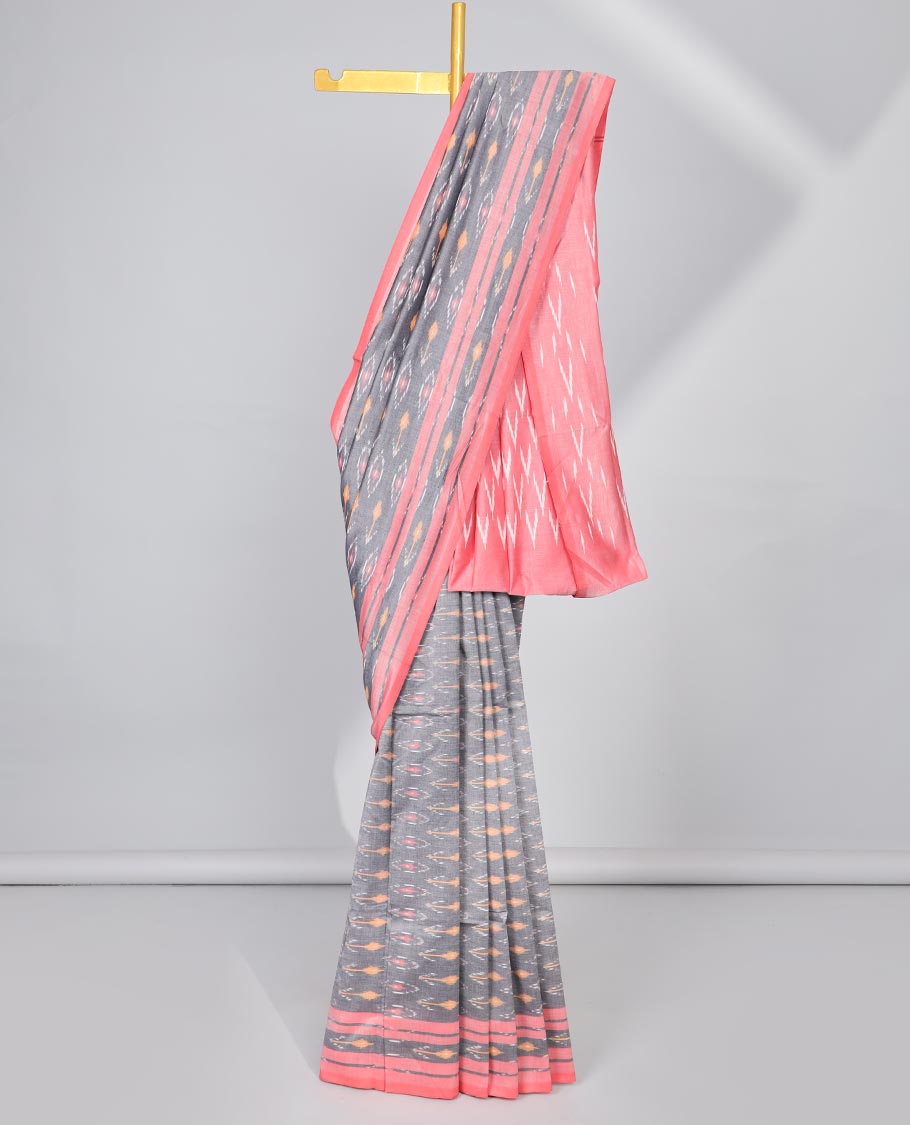 Grey floral design ikkat cotton saree with contrast floral border & geometric design pallu