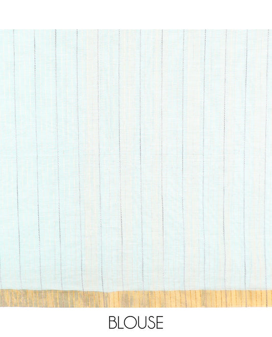 Turquoise plain jute cotton saree, zari border, and zari striped pallu