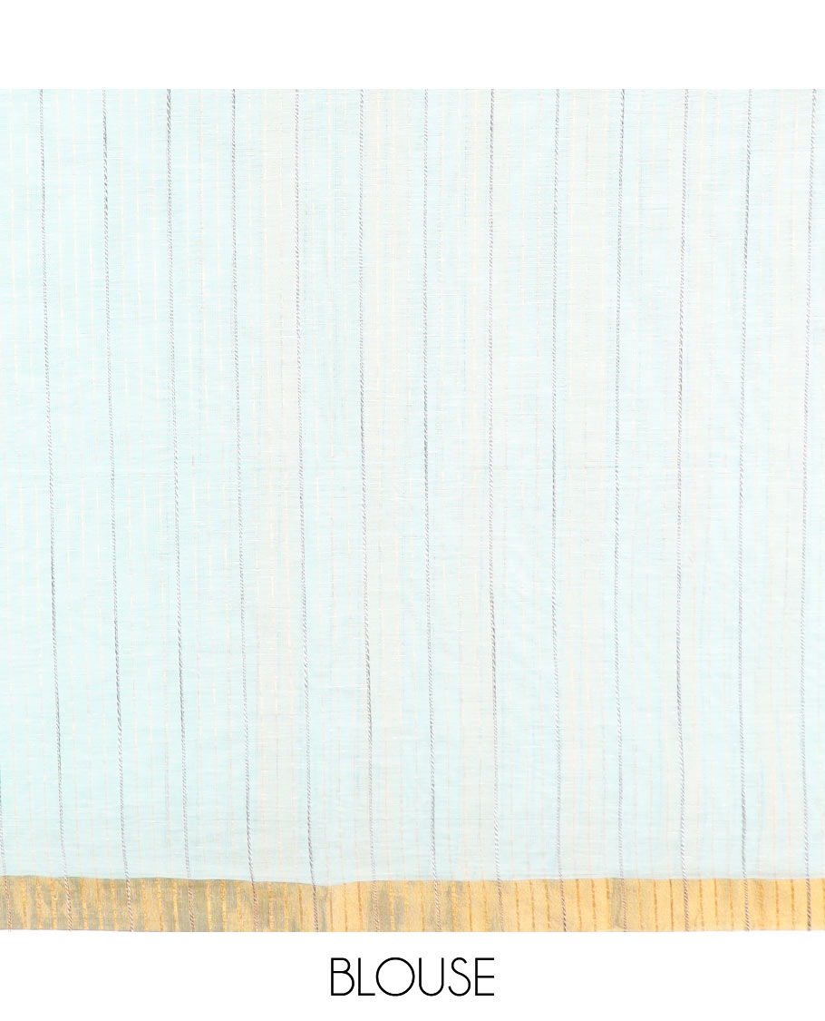 Turquoise plain jute cotton saree, zari border, and zari striped pallu