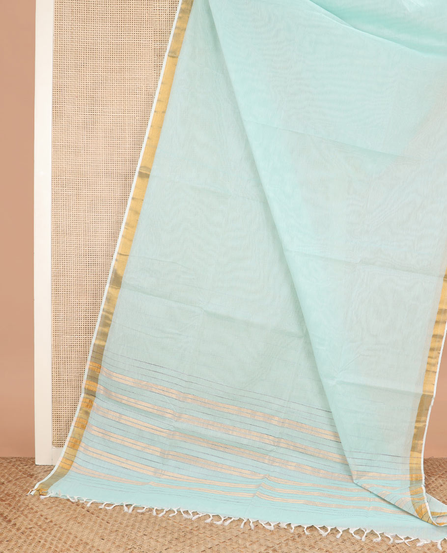 Turquoise plain jute cotton saree, zari border, and zari striped pallu