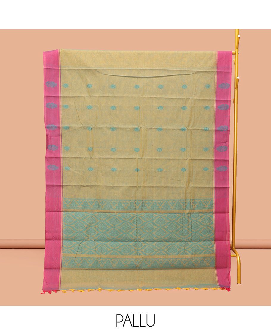 Green Kanchi Cotton Saree, Ornamented with Buttas, Complemented by a Contrast Border, Ogee-Patterned Pallu, and a Matching Blouse