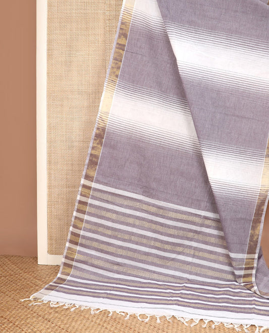 Grey & white-color striped jute cotton saree, zari border & pallu of stripes