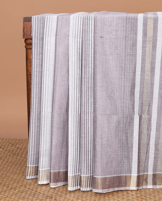 Grey & white-color striped jute cotton saree, zari border & pallu of stripes