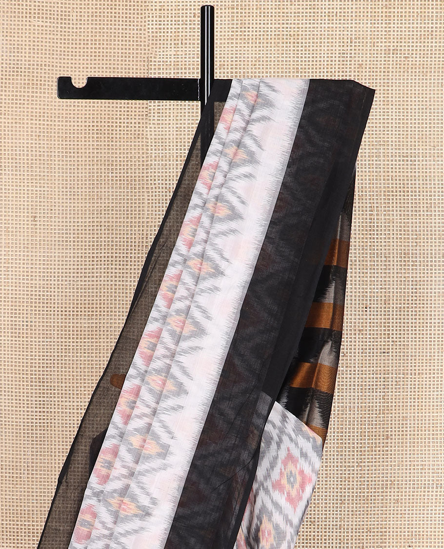 White jaal-patterned Pochampally cotton saree, contrast border & pallu of ikkat triangles
