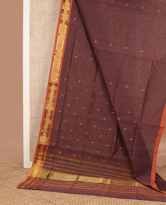 Chocolate brown zari buttas Venkatagiri cotton saree, contrast zari design border & pallu of zari stripes